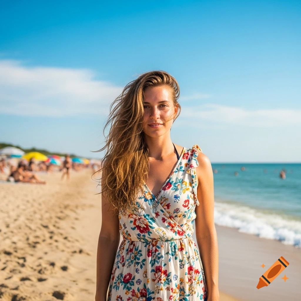 A photorealistic portrait of a young woman with long hair and a floral dress, standing on a sunny beach with the ocean behind her.