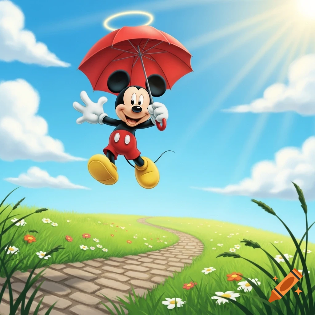 Mickey Mouse floats above a grassy path, holding a red umbrella under a sunny blue sky with a faint halo.