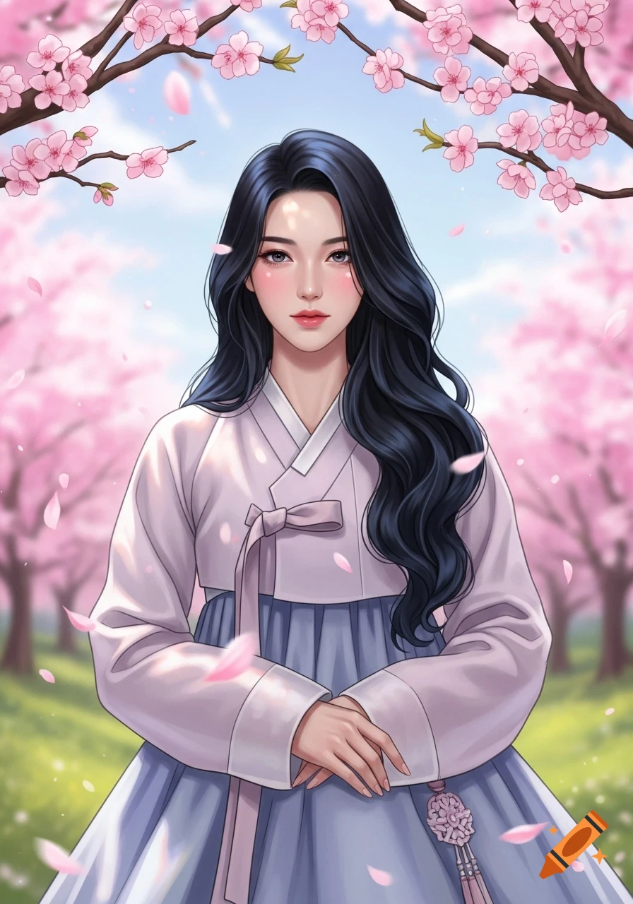 An anime illustration of a woman in a light pink and blue hanbok, standing under pink cherry blossom trees with petals falling.