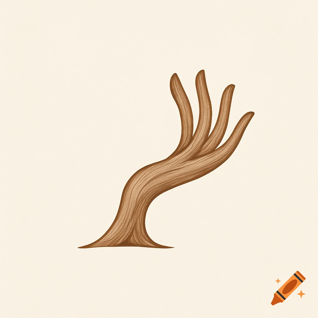 Minimalist illustration of a hand shaped like a tree branch with natural wood texture, against a clean, light background.
