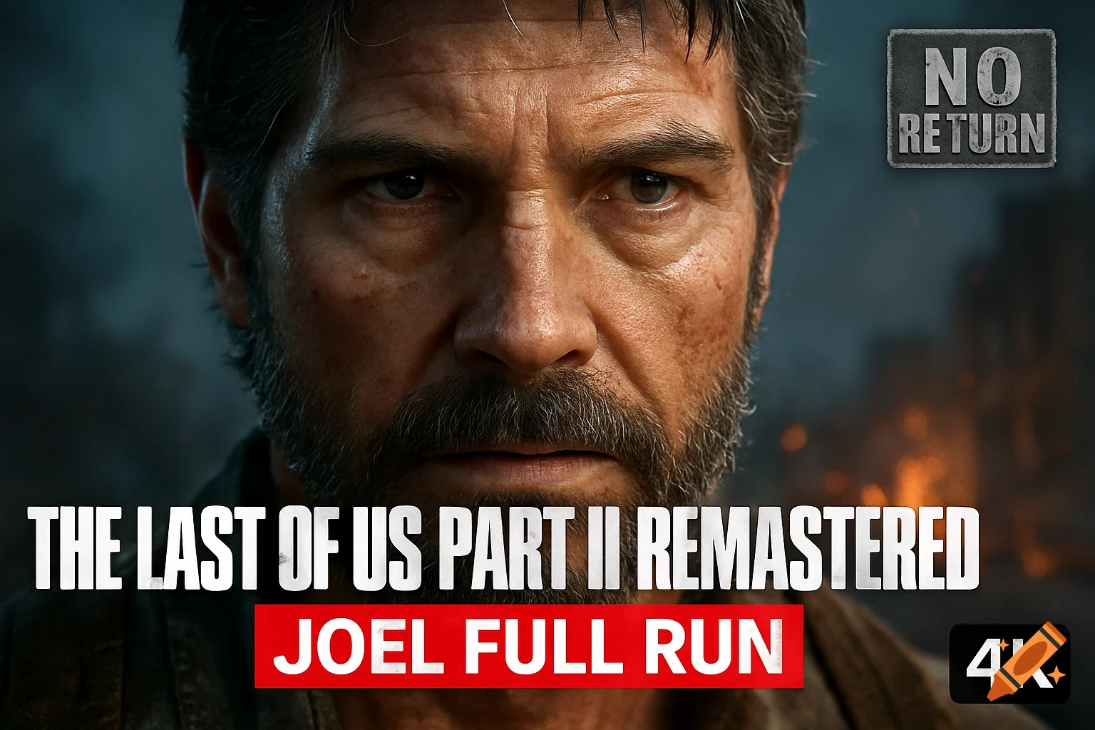 Hyper-realistic close-up of Joel's rugged face from The Last of Us Part II Remastered, with game title text and "NO RETURN" emblem.