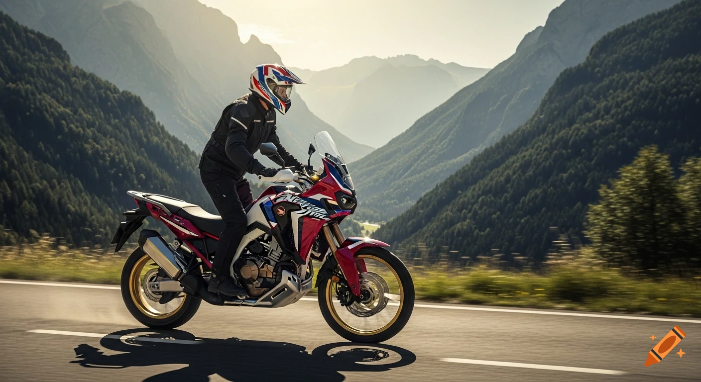 A motorcyclist on a red, white, and blue Honda Africa Twin rides on a winding road through a sunny, forested mountain valley.