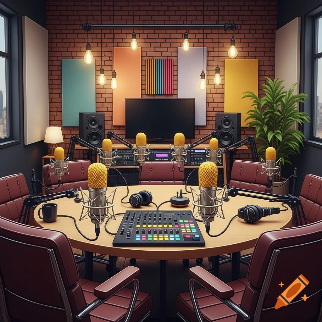 A modern podcast studio with multiple golden microphones on a round table, a sound mixer, red chairs, and a brick wall with sound panels.