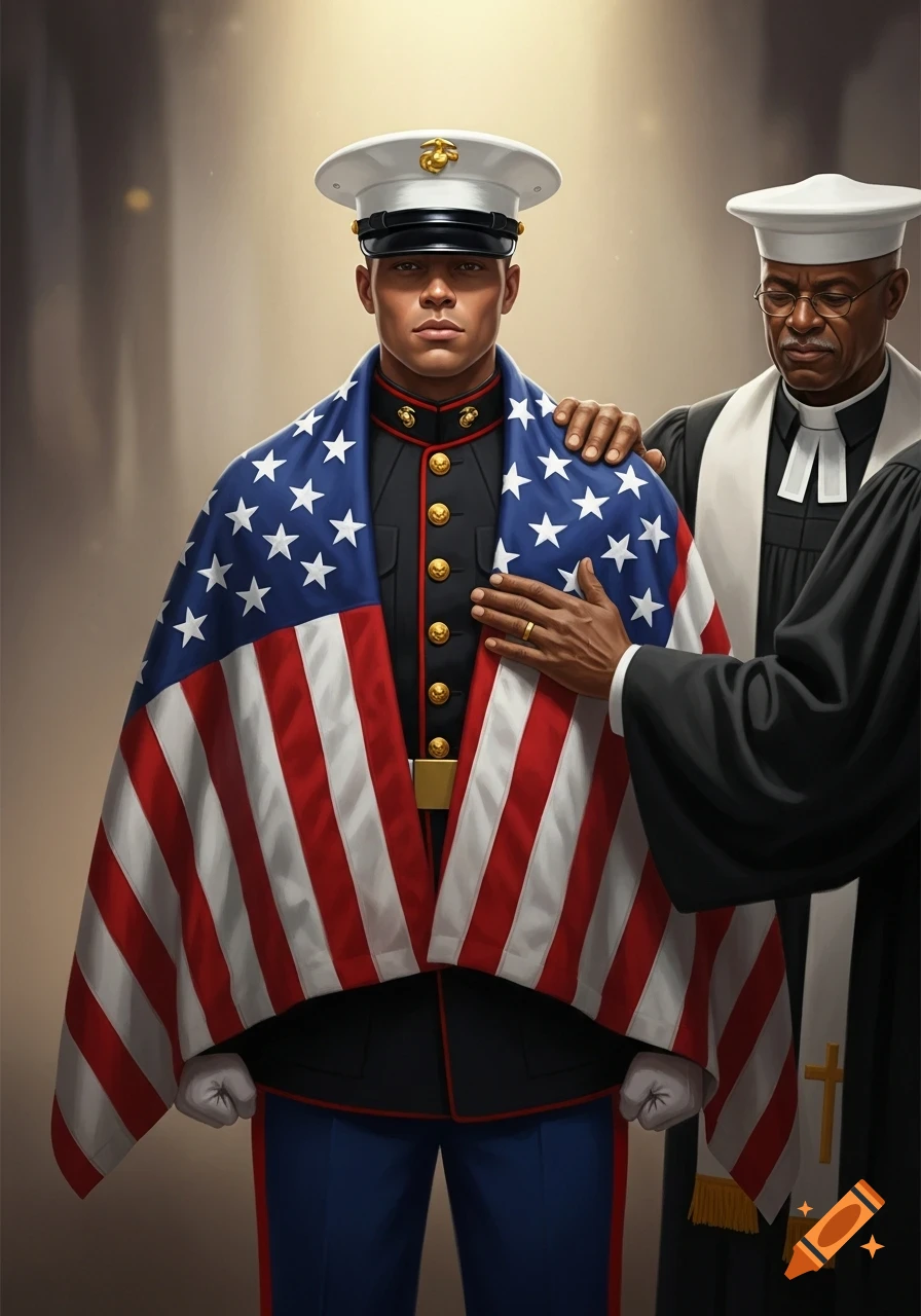 A photorealistic image of a US Marine in uniform, draped in the American flag, with a Baptist pastor's hand on their back.