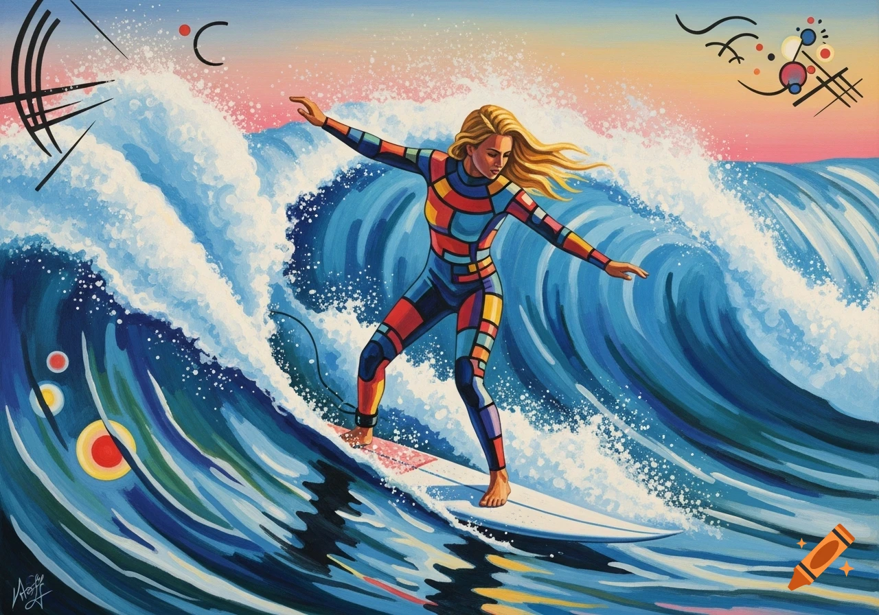 A blonde woman in a colorful geometric wetsuit surfs a large blue wave, depicted in an abstract, Kandinsky-inspired painting style.