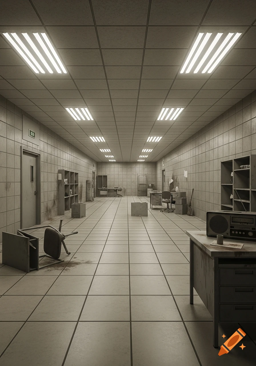 A long, sterile, tiled hallway with fluorescent lights, scattered abandoned office furniture, and a radio on a desk, creating a liminal backroom aesthetic.