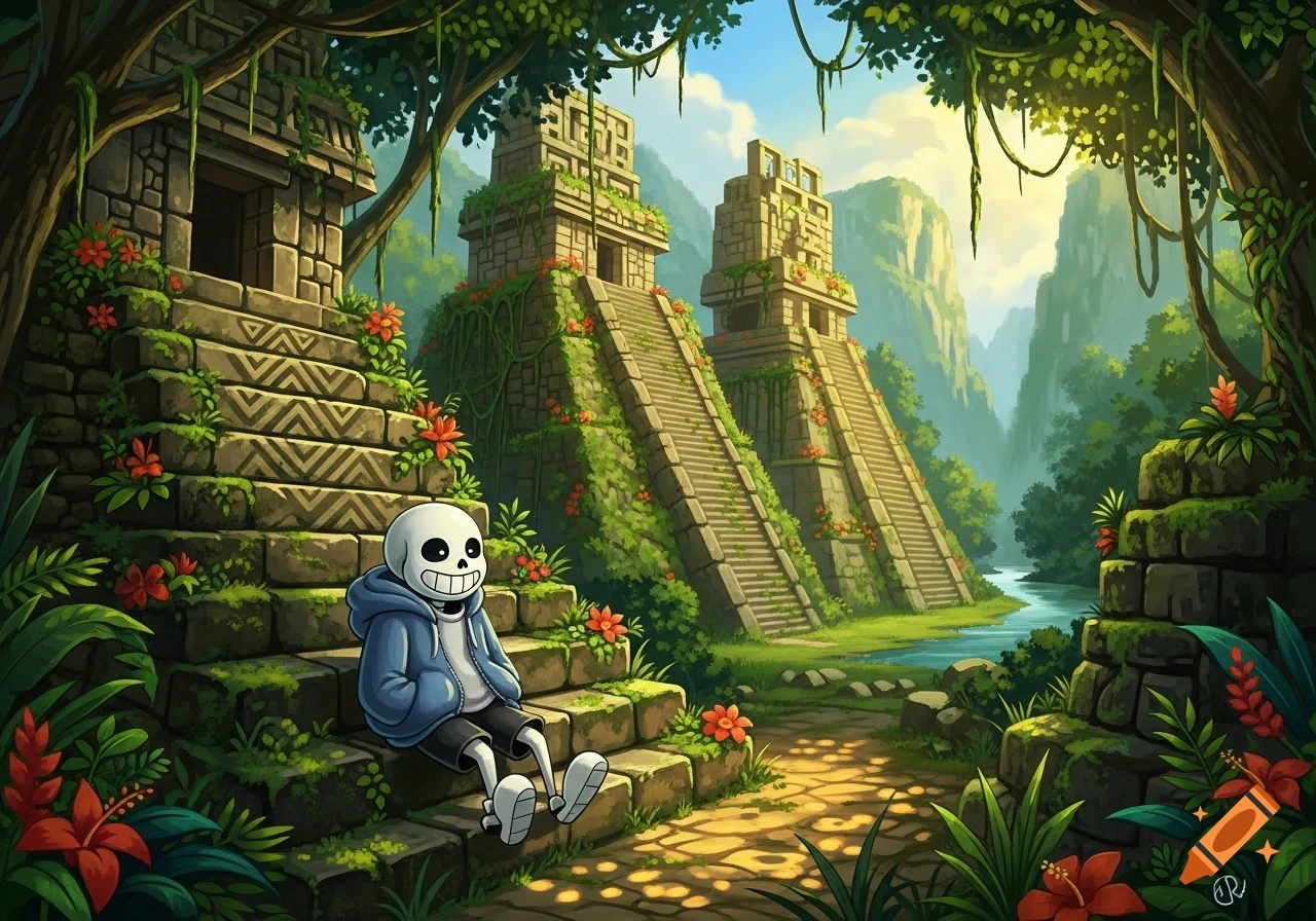 Cartoon skeleton character Sans sits on mossy steps of ancient jungle pyramids with a river and mountains in the background.