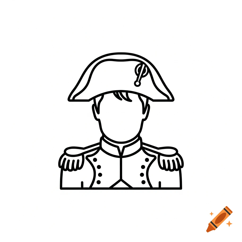 Line art pictogram of a person in a bicorne hat and military uniform, representing Napoleon.