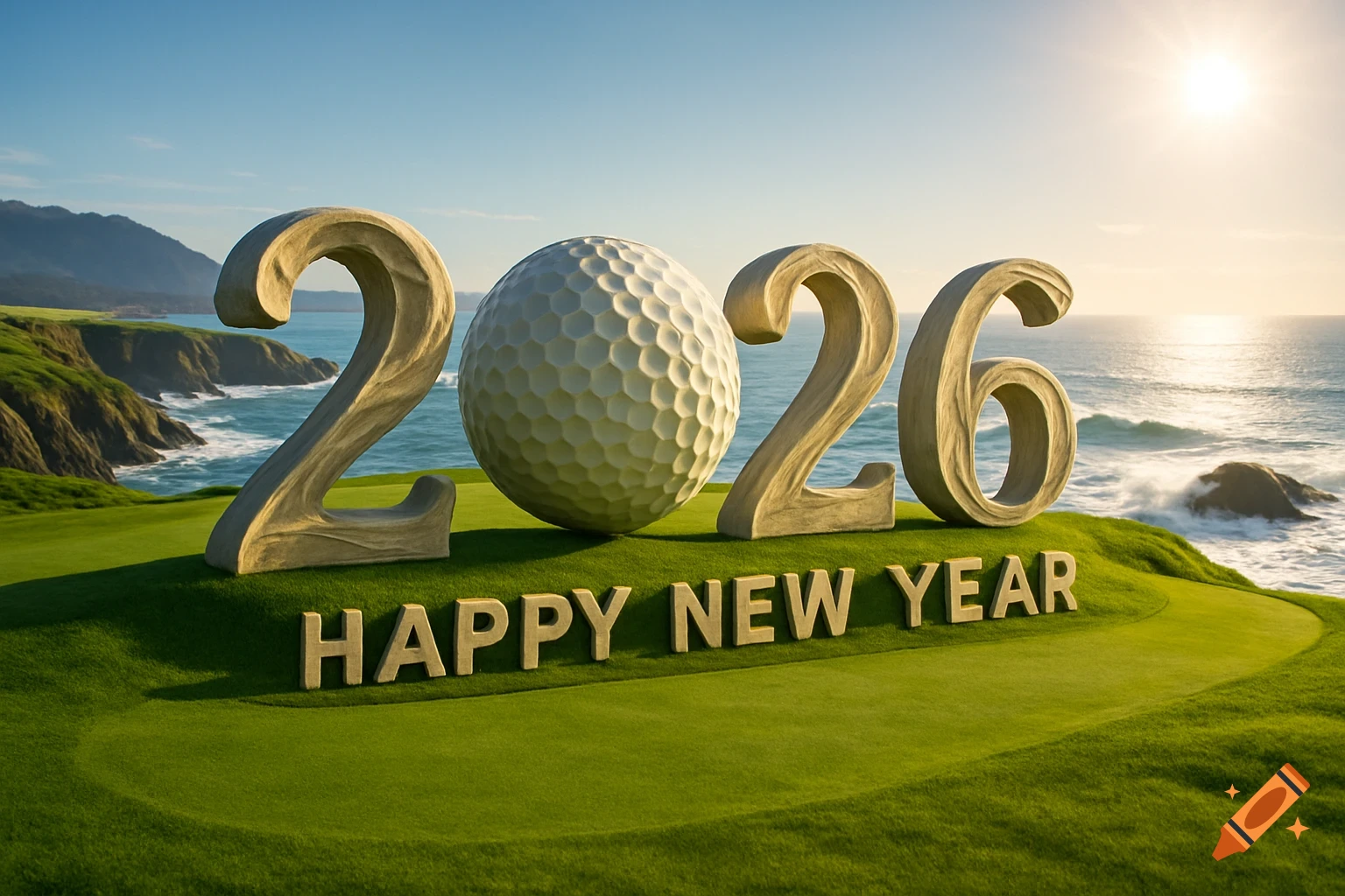 Photorealistic image of '2026' with a golf ball as the '0' and 'HAPPY NEW YEAR' text on a golf course overlooking the ocean.