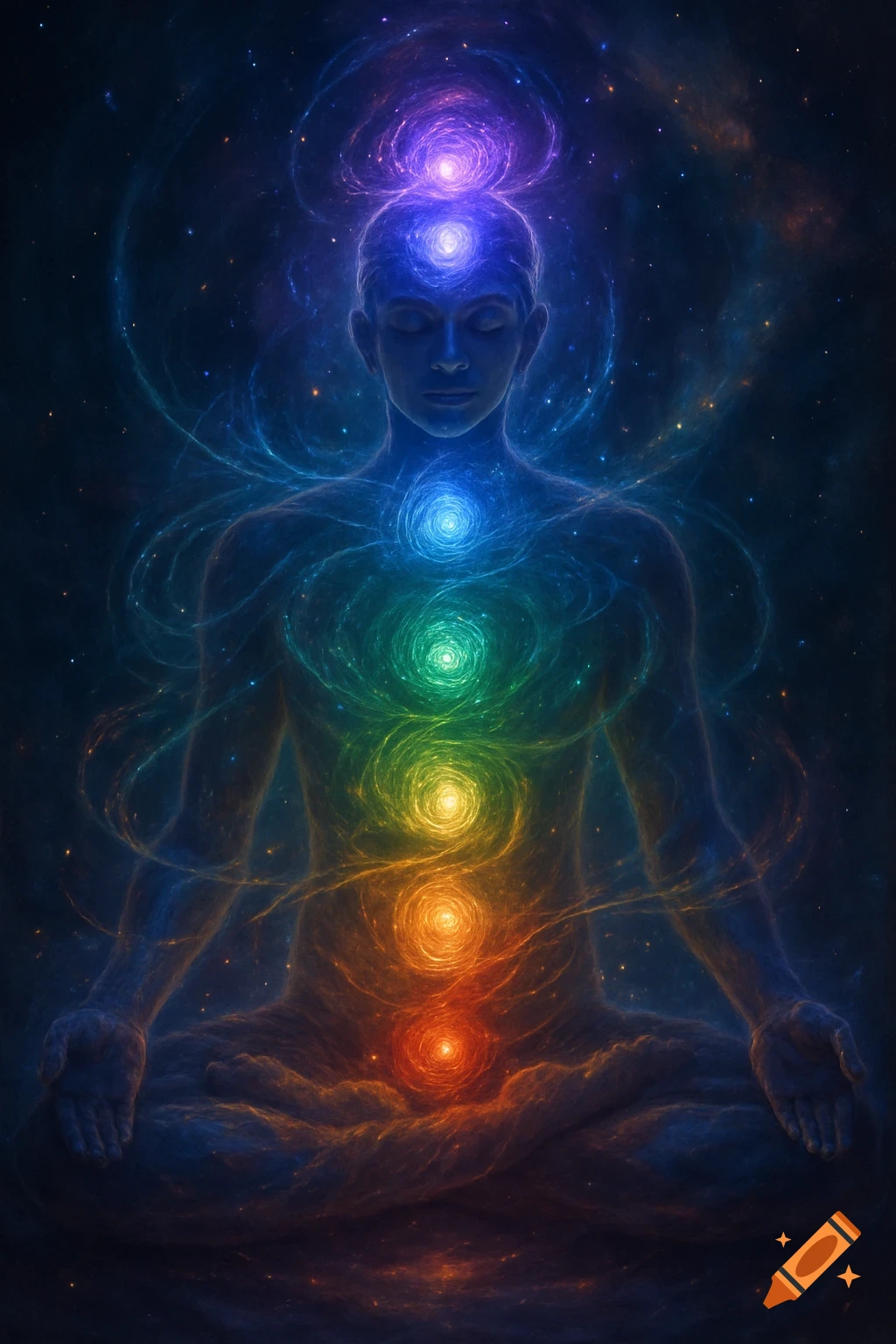A meditating figure with vibrant, rainbow-colored chakras glowing along their body, surrounded by swirling cosmic energy and stars.