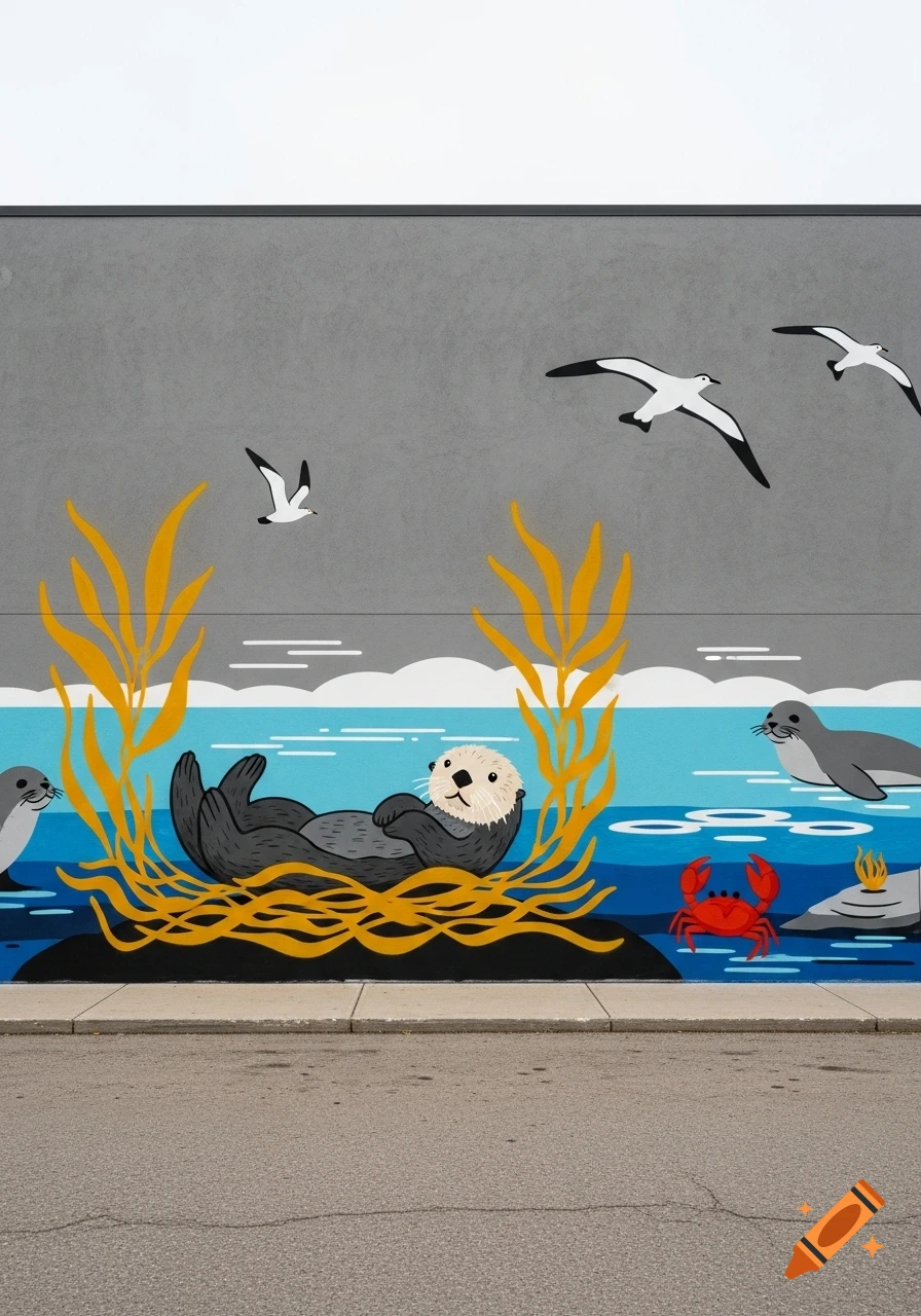 A colorful, minimalist graffiti-style mural on a gray wall depicts a sea otter, seals, a crab, birds, and kelp in an ocean scene, above a sidewalk.