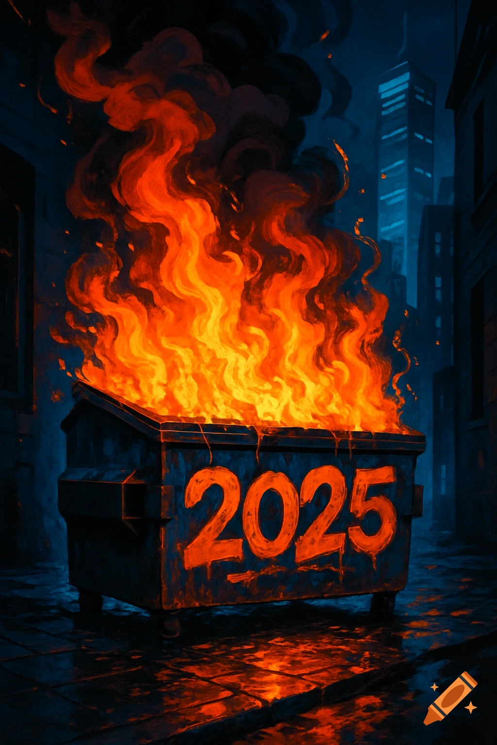 Dumpster fire with "2025" painted on its side, against a dark, stylized urban background.