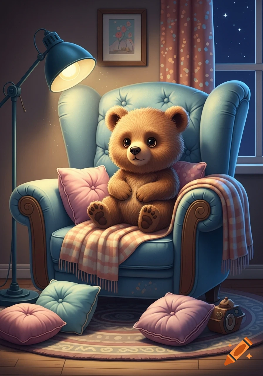 A cute brown cartoon bear sits in a comfy blue armchair, surrounded by pillows and a plaid blanket, under a warm lamp at night.