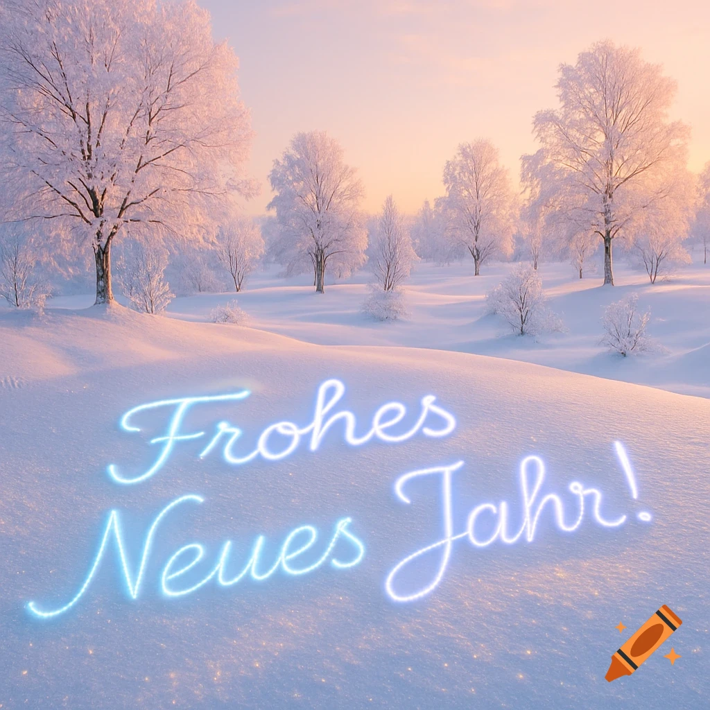 A serene winter landscape with snow-covered trees under a pastel sky. Glowing blue text "Frohes Neues Jahr!" is written in the foreground snow.