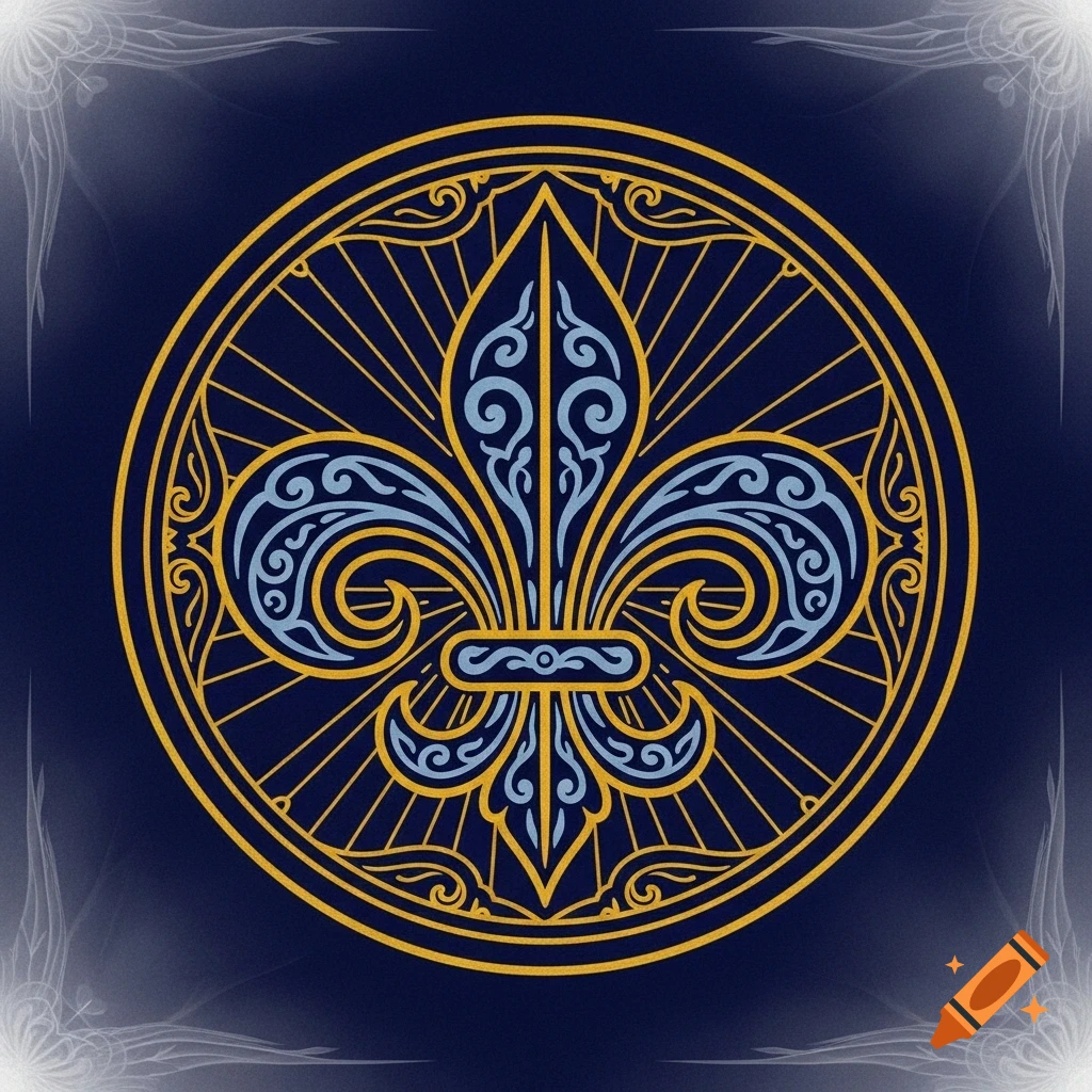 A stylized gold and light blue fleur-de-lis symbol inside a circular pattern, on a dark blue background with decorative borders.