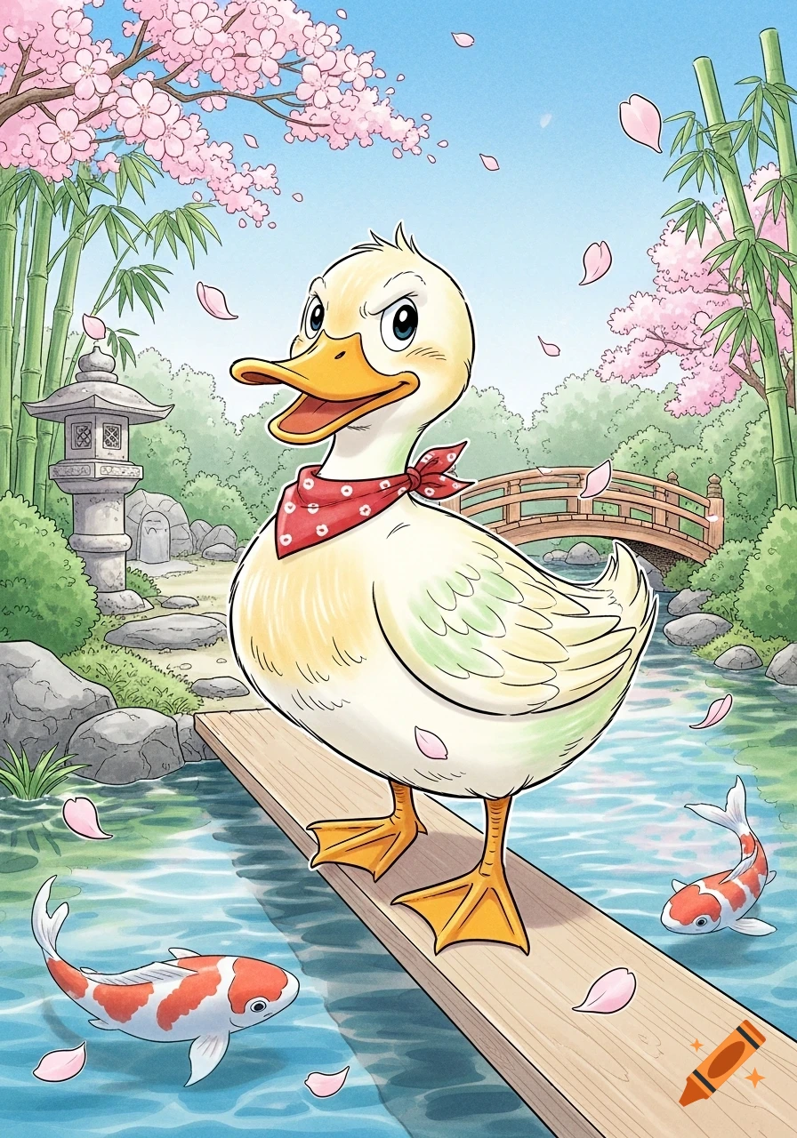 A confident cartoon duck with a red bandana stands on a wooden plank over water with koi fish, in a Japanese garden with cherry blossoms and bamboo, in manga style.
