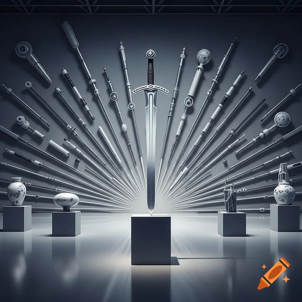 A single sword stands upright on a pedestal, surrounded by radiating staff-like artifacts and other decorative objects in a minimalist grey gallery.