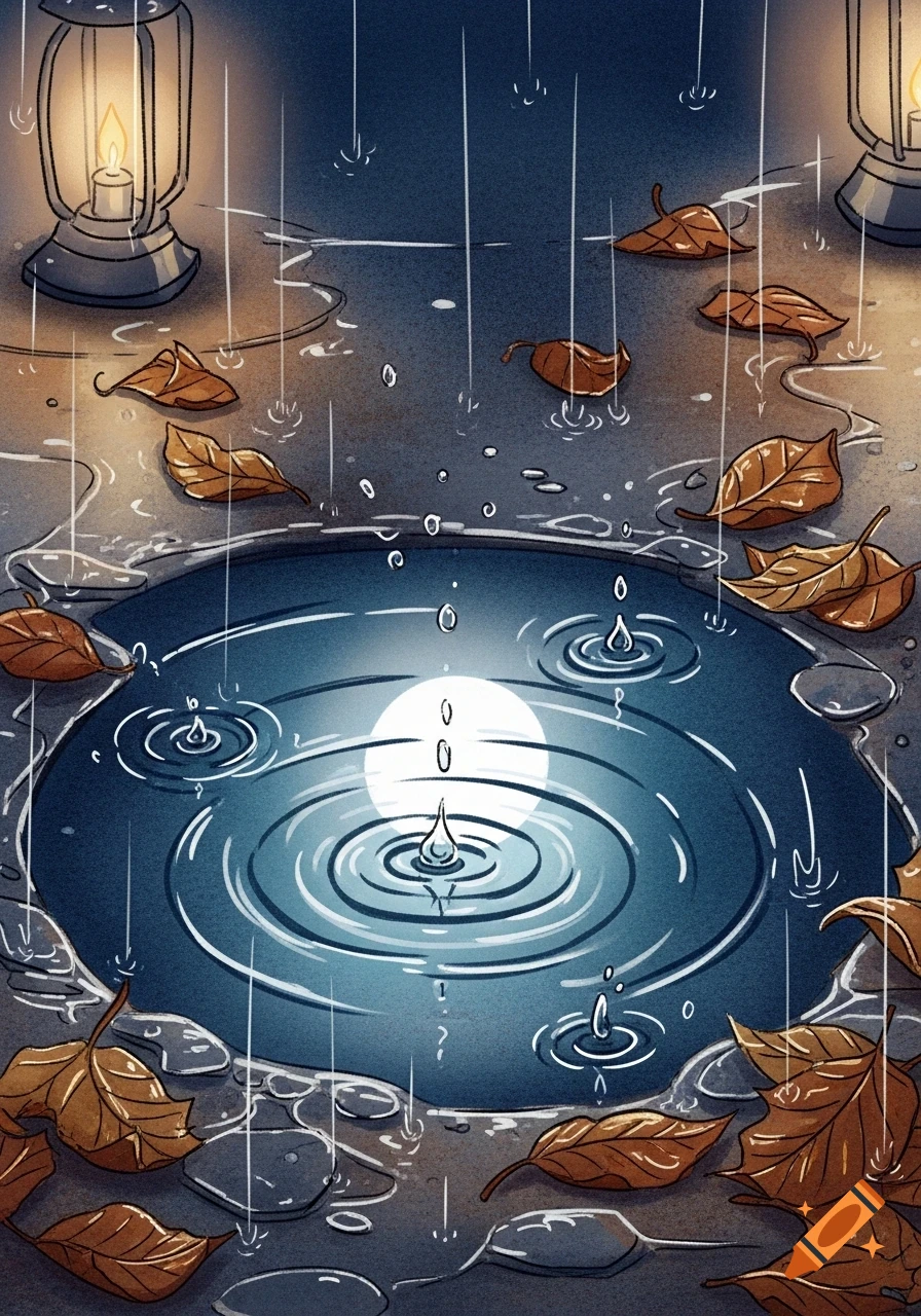 Whimsical illustration of rain hitting a puddle reflecting the moon, with autumn leaves and glowing lanterns on wet ground.