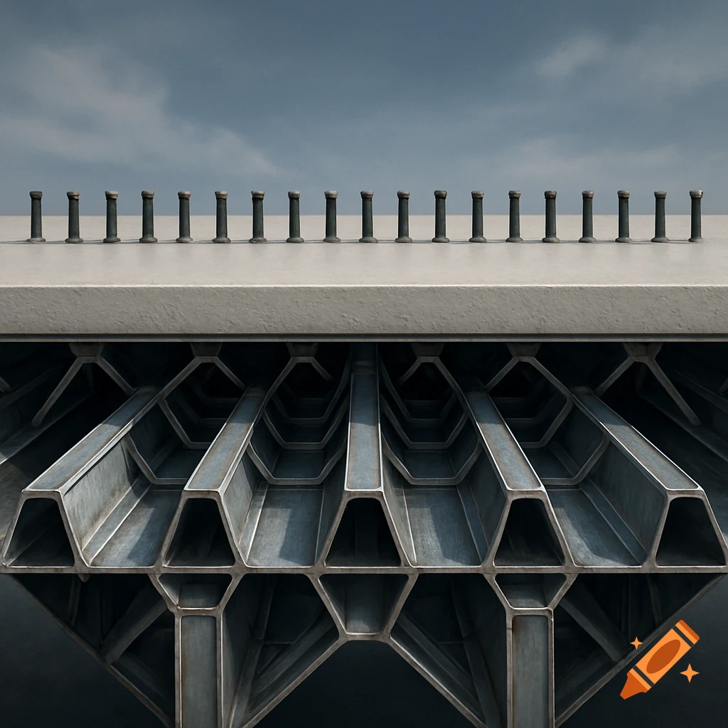 Detailed view of the underside of a concrete slab with a hexagonal grid of steel beams and a row of studs against a cloudy sky.