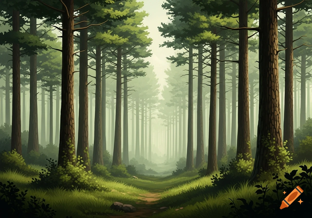 A stylized painting of a dense, misty pine forest with a winding path leading into the foggy distance.