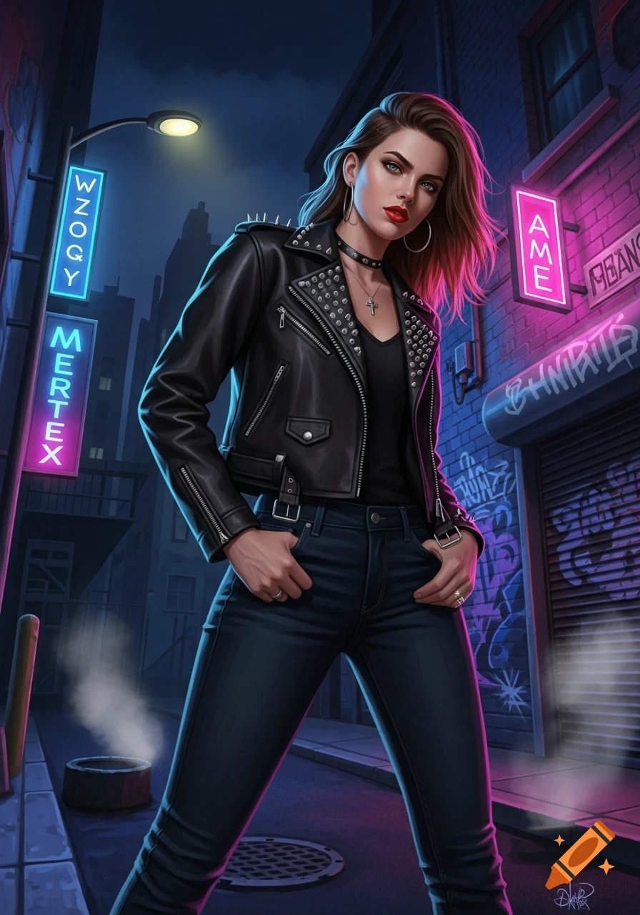 A woman in a studded leather jacket and jeans stands in a neon-lit ...