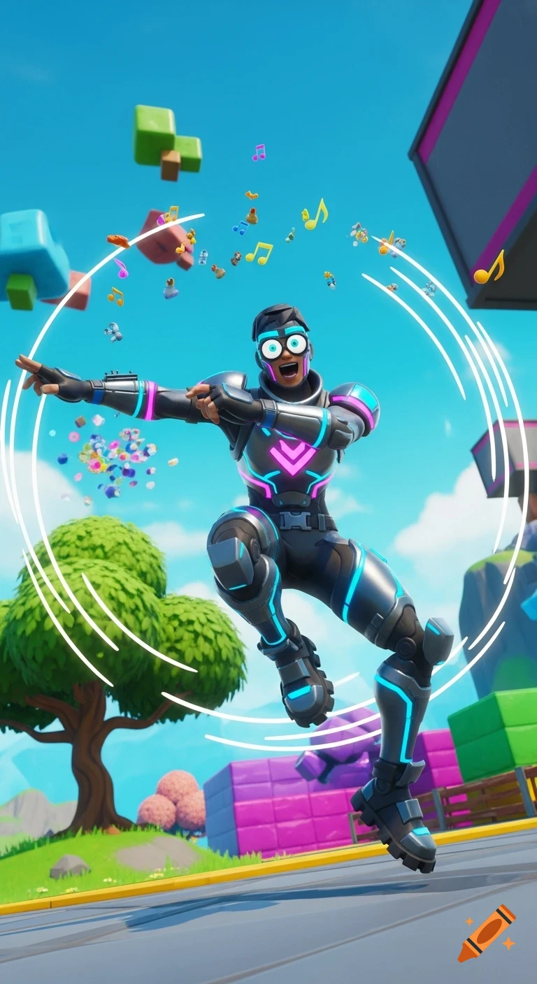A Fortnite-style character in black and neon armor jumps excitedly amidst musical notes and confetti in a vibrant, cartoonish landscape.