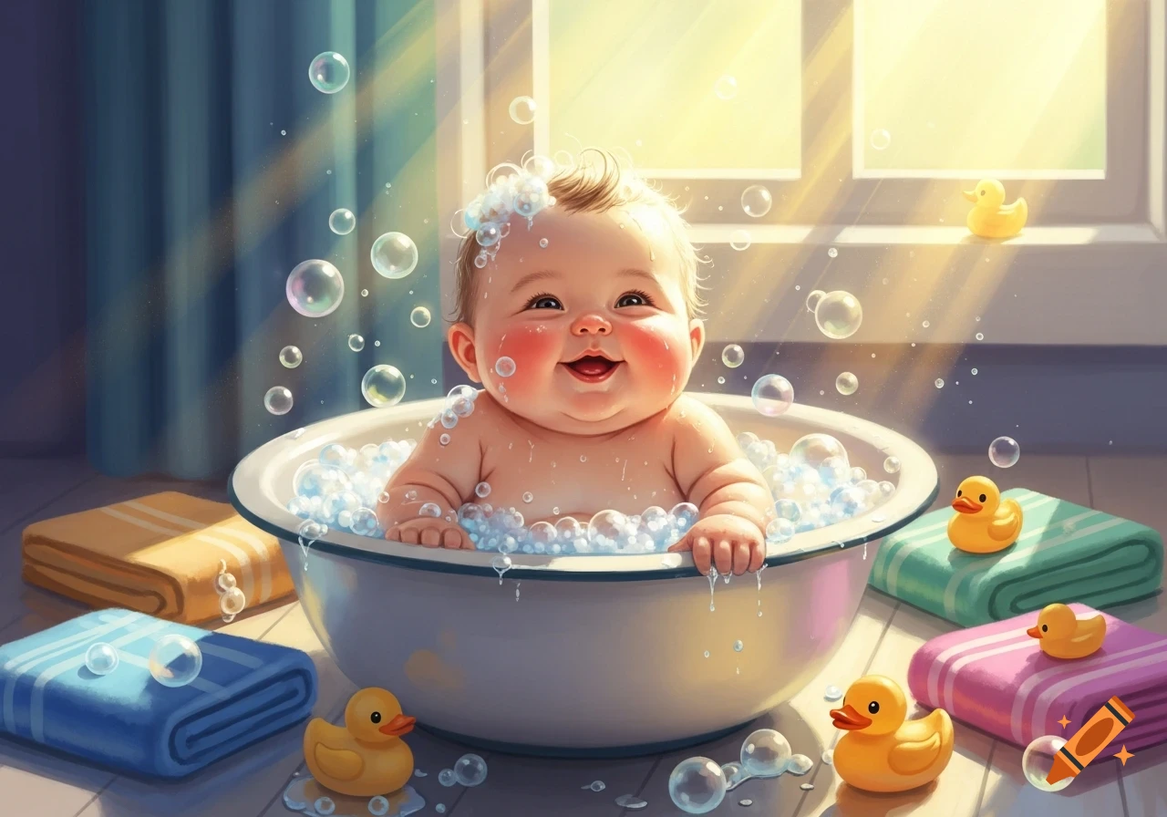 A chubby, smiling baby with rosy cheeks sits in a bubble-filled bath tub, surrounded by rubber ducks and towels, bathed in warm sunlight.