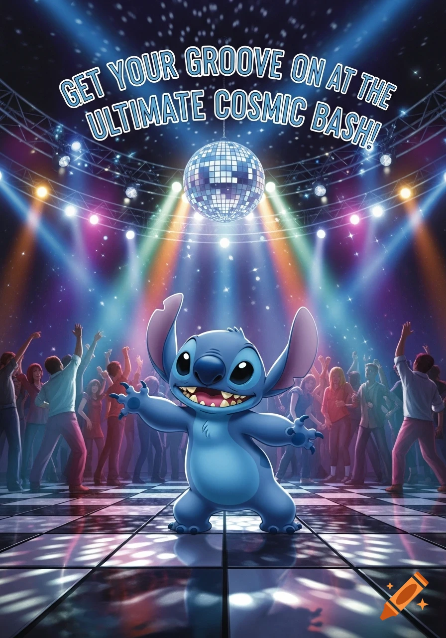 Cartoon Stitch dances joyfully on a reflective disco floor under a sparkling disco ball and colorful lights, surrounded by a lively crowd.