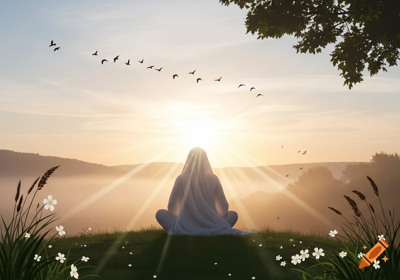 A cloaked figure meditates on a grassy hill at sunrise, with birds flying over misty mountains and white flowers.
