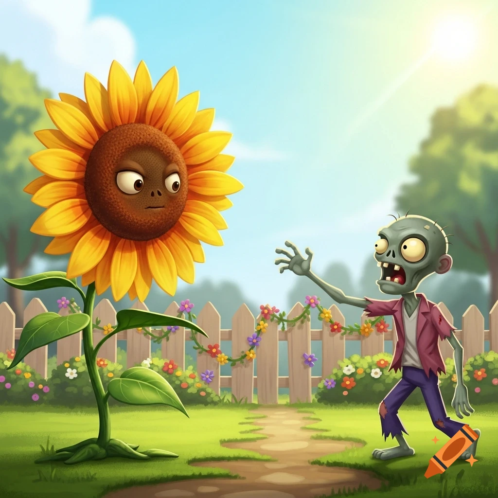 Cartoon zombie reaching for a wide-eyed sunflower in a sunny garden with a white picket fence.