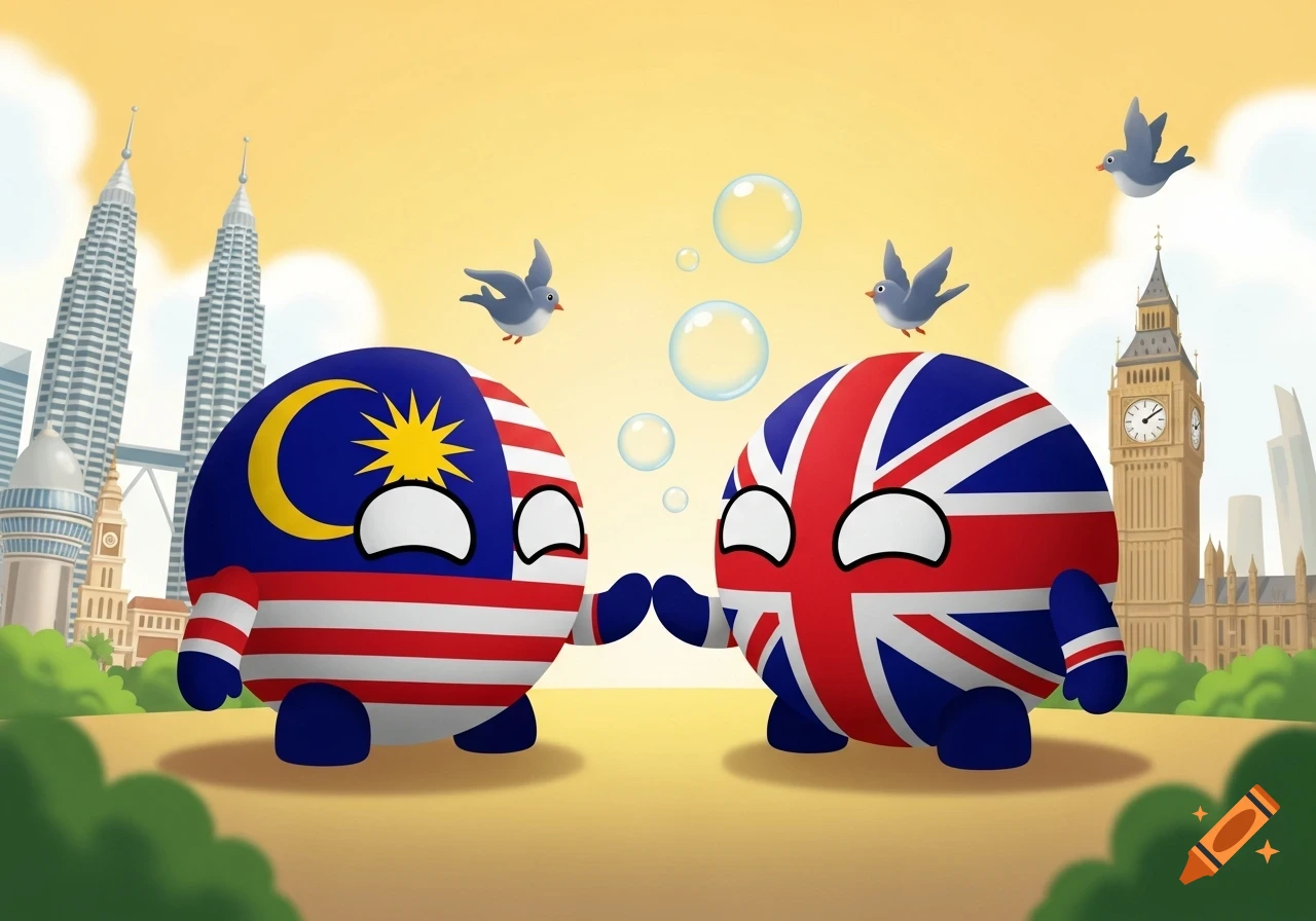 Cartoon countryballs of Malaysia and the UK facing each other with bubbles, Petronas Towers and Big Ben in the background.