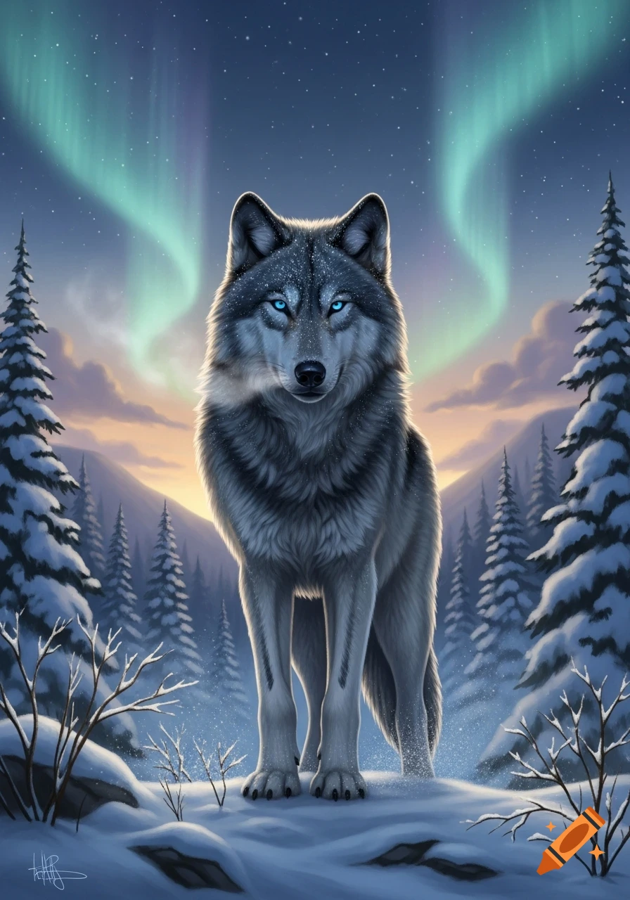 A majestic gray wolf with glowing blue eyes stands in a snowy forest under the vibrant green aurora borealis, digital art.
