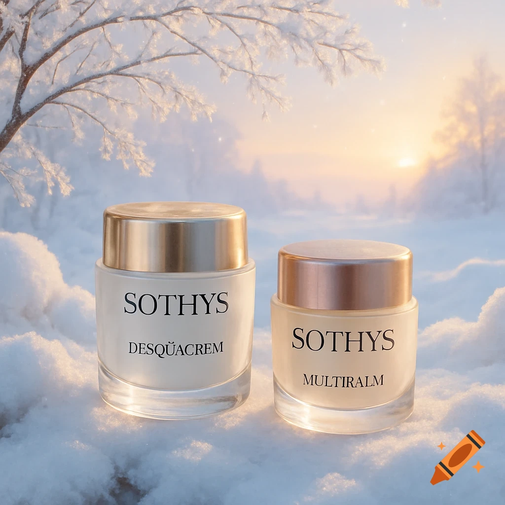 Two Sothys cosmetic jars with gold lids sit on fresh snow, with a snowy tree and a warm sunrise in the background.