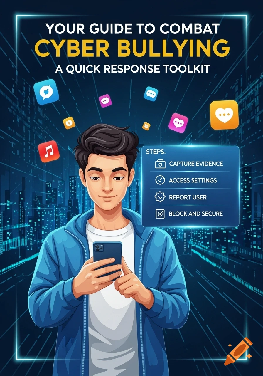 An illustration of a young man holding a phone, with social media icons and text about a cyberbullying response toolkit.