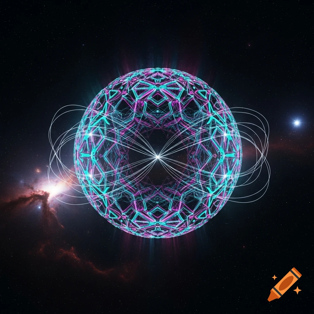 A glowing, intricate geometric sphere in neon teal and magenta floats in a starry space with a nebula.