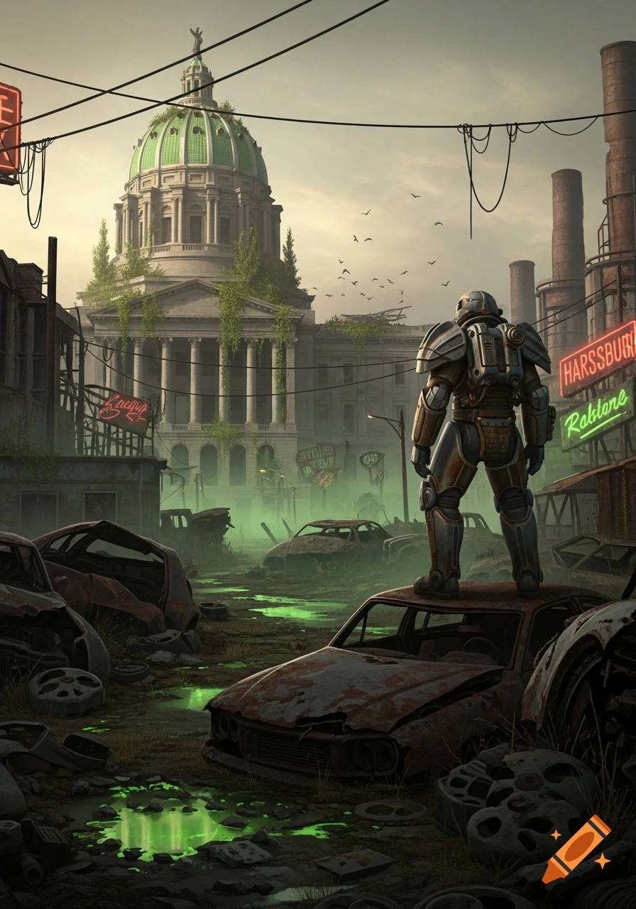 A power-armored figure stands atop a rusty car in a post-apocalyptic cityscape with a capitol building, glowing green puddles, and dilapidated signs, in a gritty, realistic style.