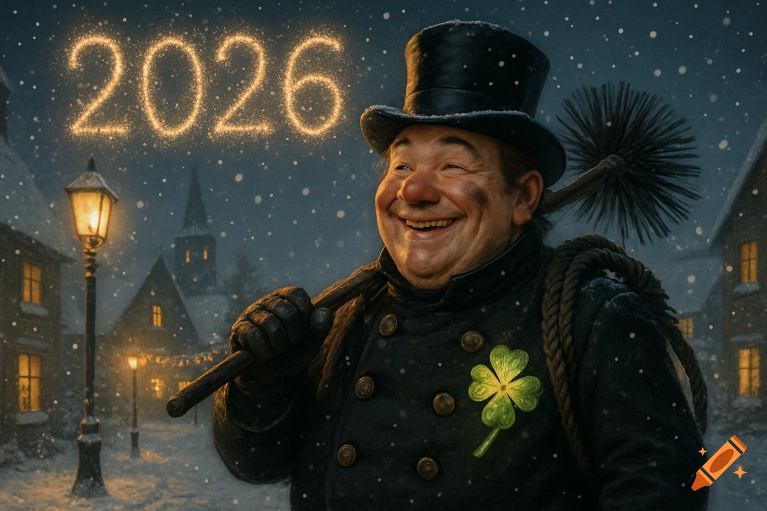 A cheerful chimney sweep smiles in a snowy village with glowing '2026' in the sky and a four-leaf clover on his coat.