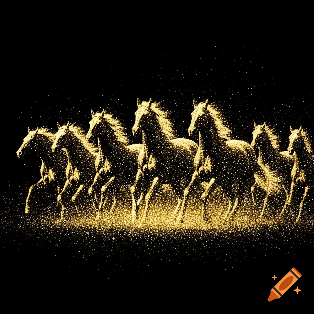 Silhouette of a herd of running horses made of golden glitter on a black background.