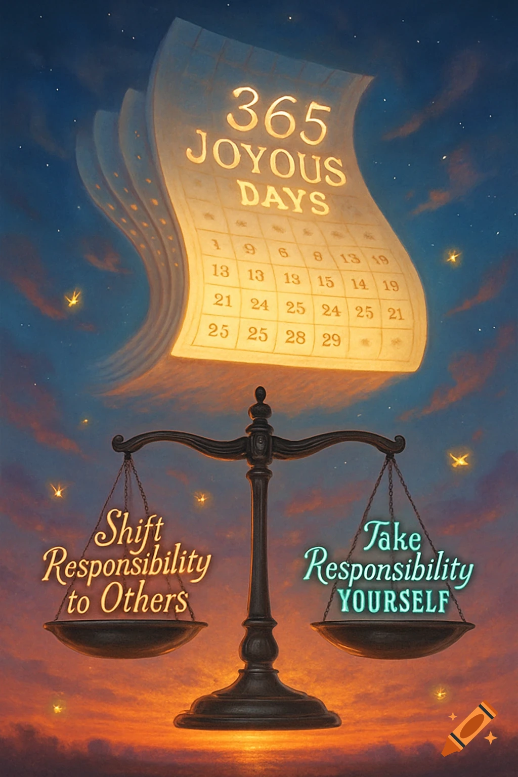 A glowing calendar showing '365 JOYOUS DAYS' above a balance scale. One pan reads 'Shift Responsibility to Others' in orange, the other 'Take Responsibility YOURSELF' in blue. The background is a twilight sky with scattered stars.