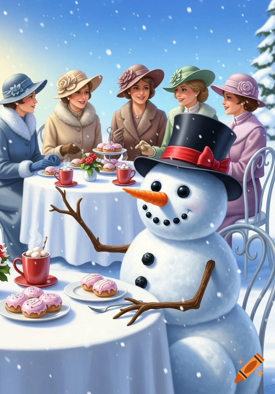 Illustration of five elegantly dressed women and a smiling snowman having an outdoor brunch with pastries and hot cocoa in a snowy winter scene.