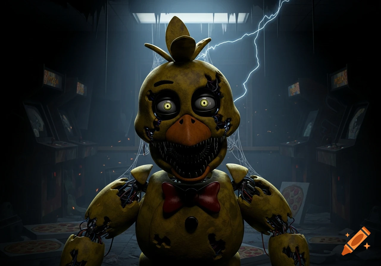 A menacing, yellow animatronic chicken, Withered Chica, with glowing eyes and sharp teeth in a dark arcade with lightning.