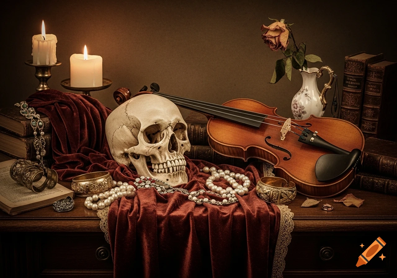 An antique-style still life with a skull, a violin, burning candles, pearls, jewelry, books, and a dried rose in a vase, all on a draped wooden table.