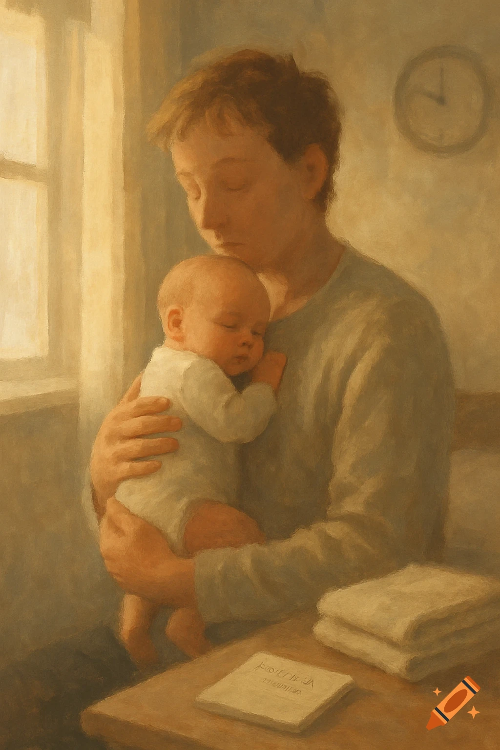 A soft, warm digital painting of a tired parent holding a sleeping newborn baby in a quiet room.
