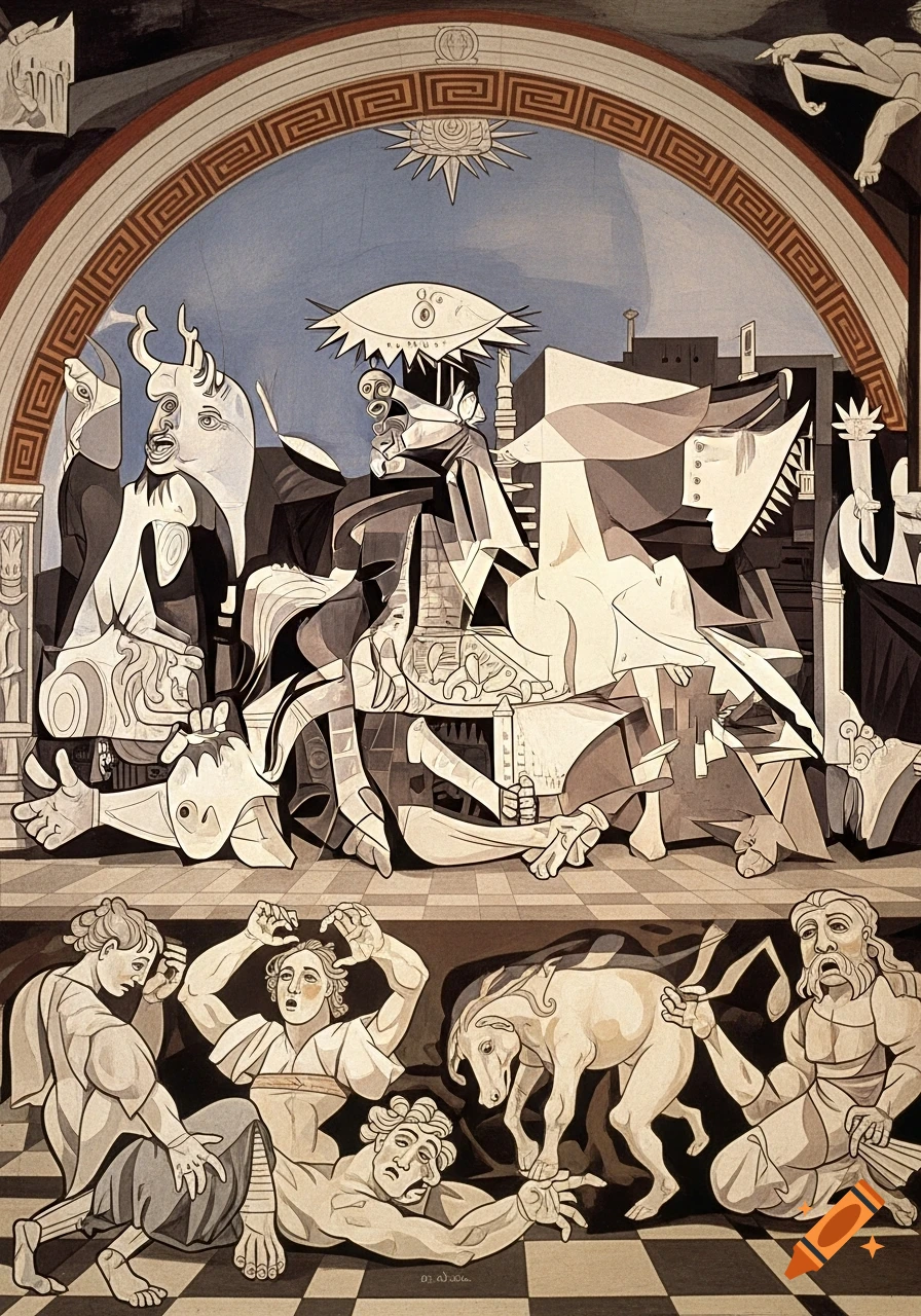A stylized painting combining elements of Picasso's Guernica with Raphael's style, showing distorted figures and a horse under an archway, with classical figures below on a checkered floor.