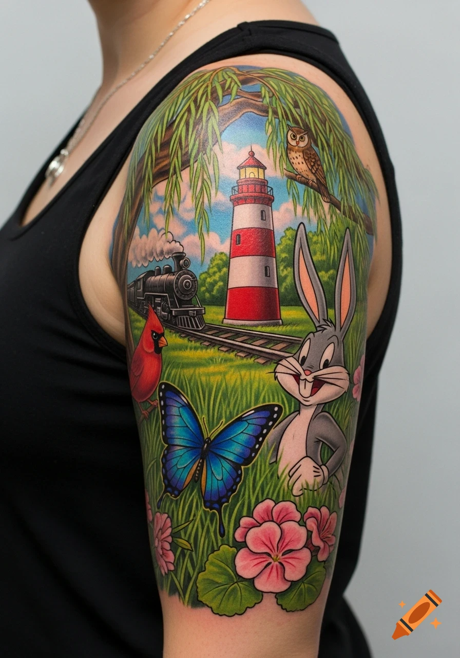 Colorful tattoo on an arm depicting Bugs Bunny, a lighthouse, a train, a cardinal, an owl, a butterfly, and flowers in a nature scene.