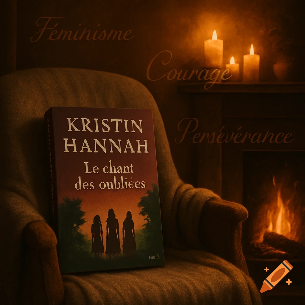 A book titled "Le chant des oubliées" by Kristin Hannah rests on a cozy armchair. Candles glow above a fireplace, and the words "Féminisme", "Courage", "Persévérance" float in the air.