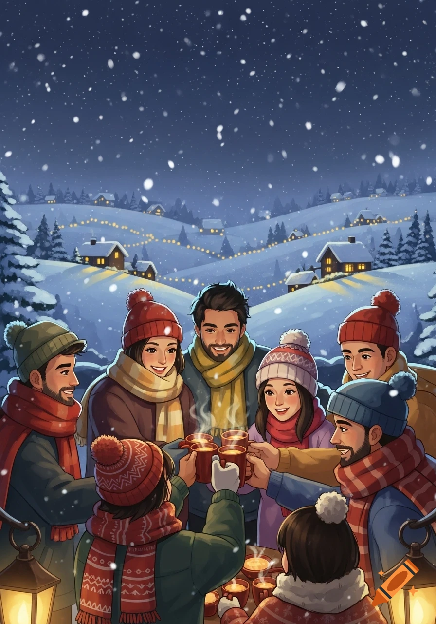 A diverse group of friends in winter clothes clink steaming mugs in a snowy village scene at night, with houses and festive lights in the background.