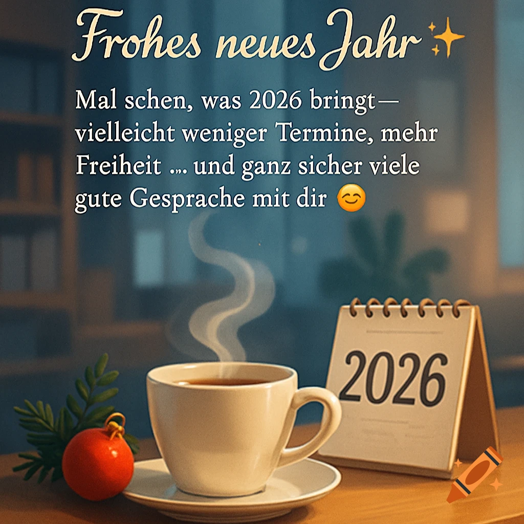 A coffee cup with steam next to a 2026 calendar and a red ornament, with German New Year's greeting text.