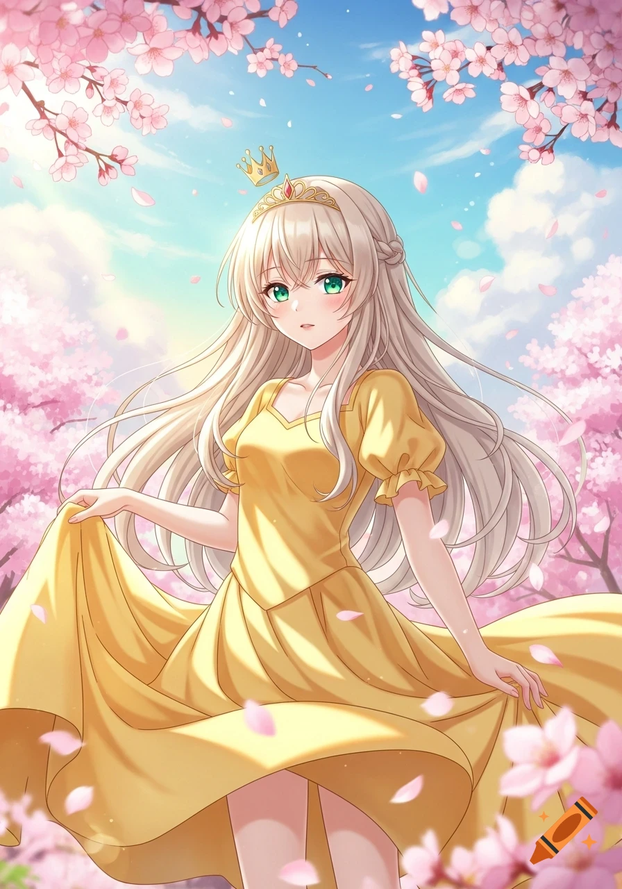 Anime girl with long blonde hair, green eyes, wearing a yellow dress and a crown, standing under cherry blossom trees.