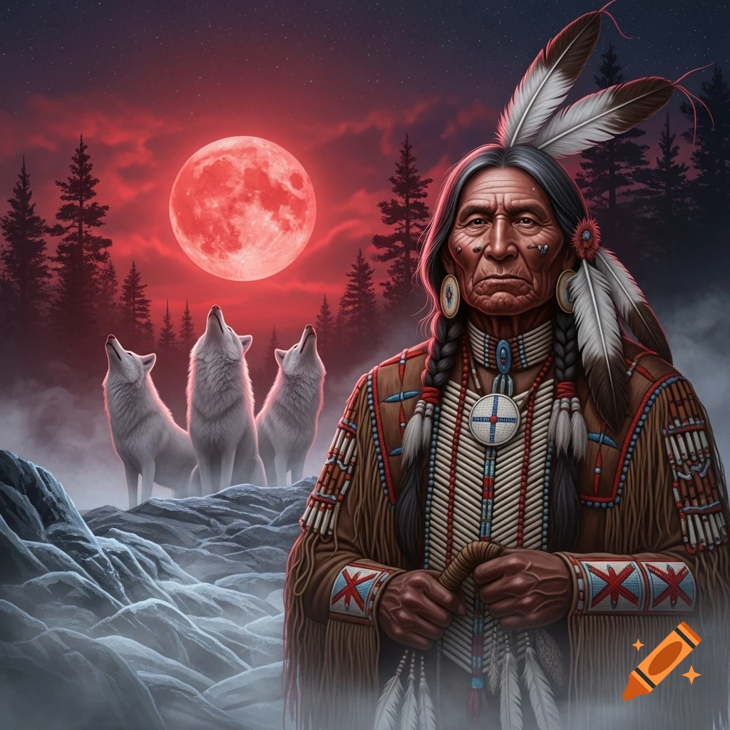 A Native American elder with braided hair and feathers stands against a blood-red moon, forest, and three white wolves howling.
